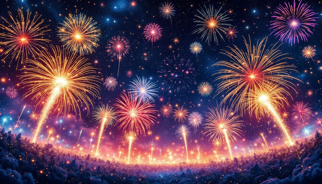Ein farbenfrohes Silvesterfeuerwerk erhellt den Nachthimmel.