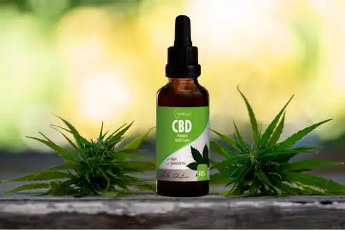GPT Ein Bild, das eine Flasche hochkonzentriertes CBD Öl mit einer 40%igen Konzentration zeigt. Die Flasche steht auf einer natürlichen Oberfläche, vielleicht aus Holz oder Stein, umgeben von sanftem, grünem Blattwerk, das die natürliche Herkunft und Reinheit des Produkts unterstreicht. Das Etikett auf der Flasche ist klar und professionell gestaltet, wobei es prominent "CBD Öl 40%" anzeigt. Die Szene könnte von sanftem, natürlichem Licht beleuchtet sein, was die organische Qualität und die beruhigende Wirkung des Öls hervorhebt.