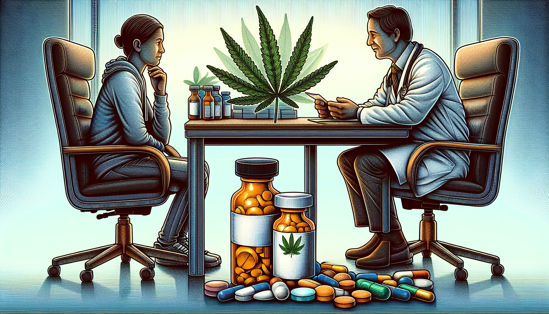 Illustration eines Arztes, der mit einem Patienten über Medikamente spricht