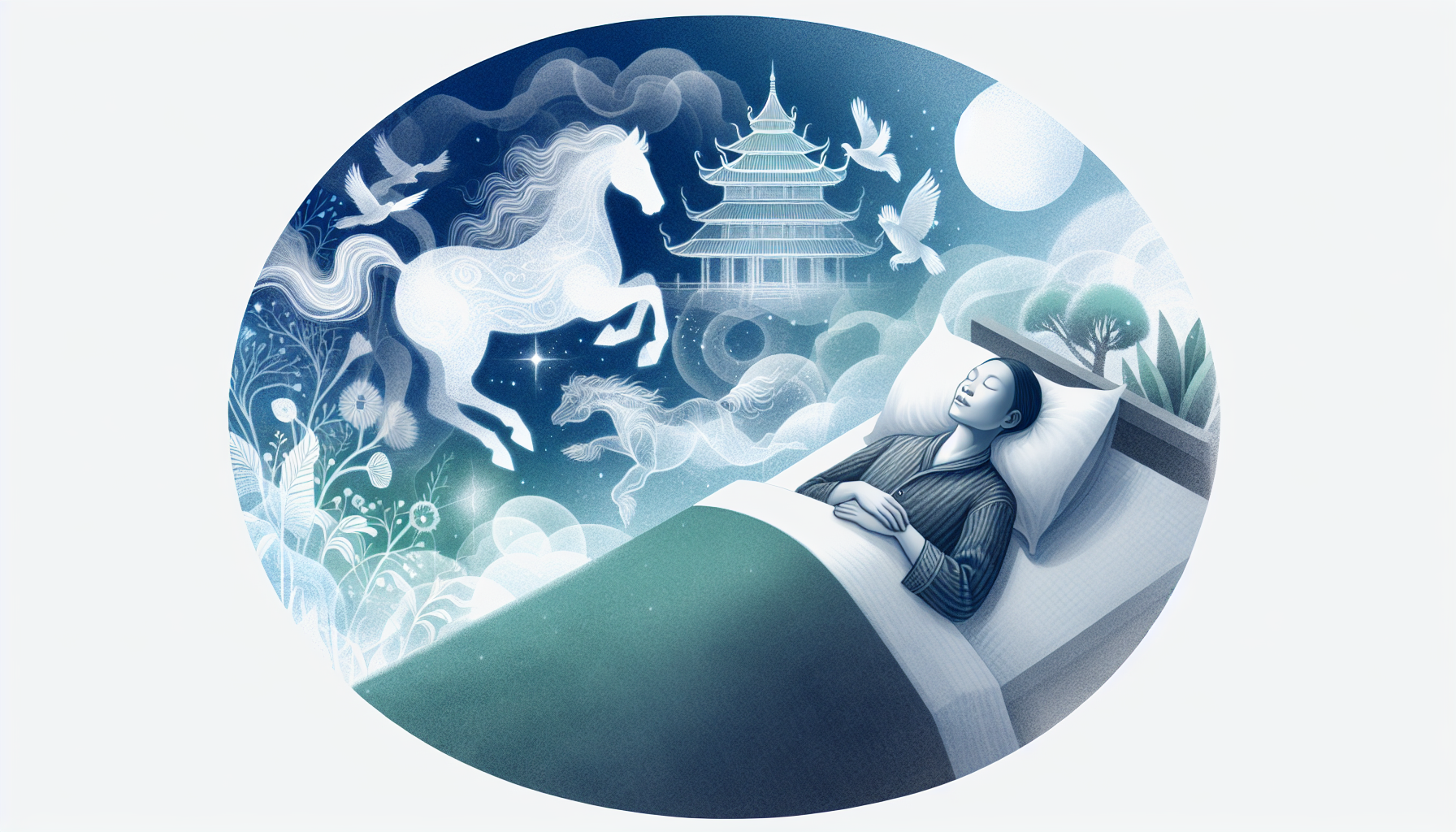 Illustration von einer Person, die friedlich schläft und von angenehmen Träumen umgeben ist