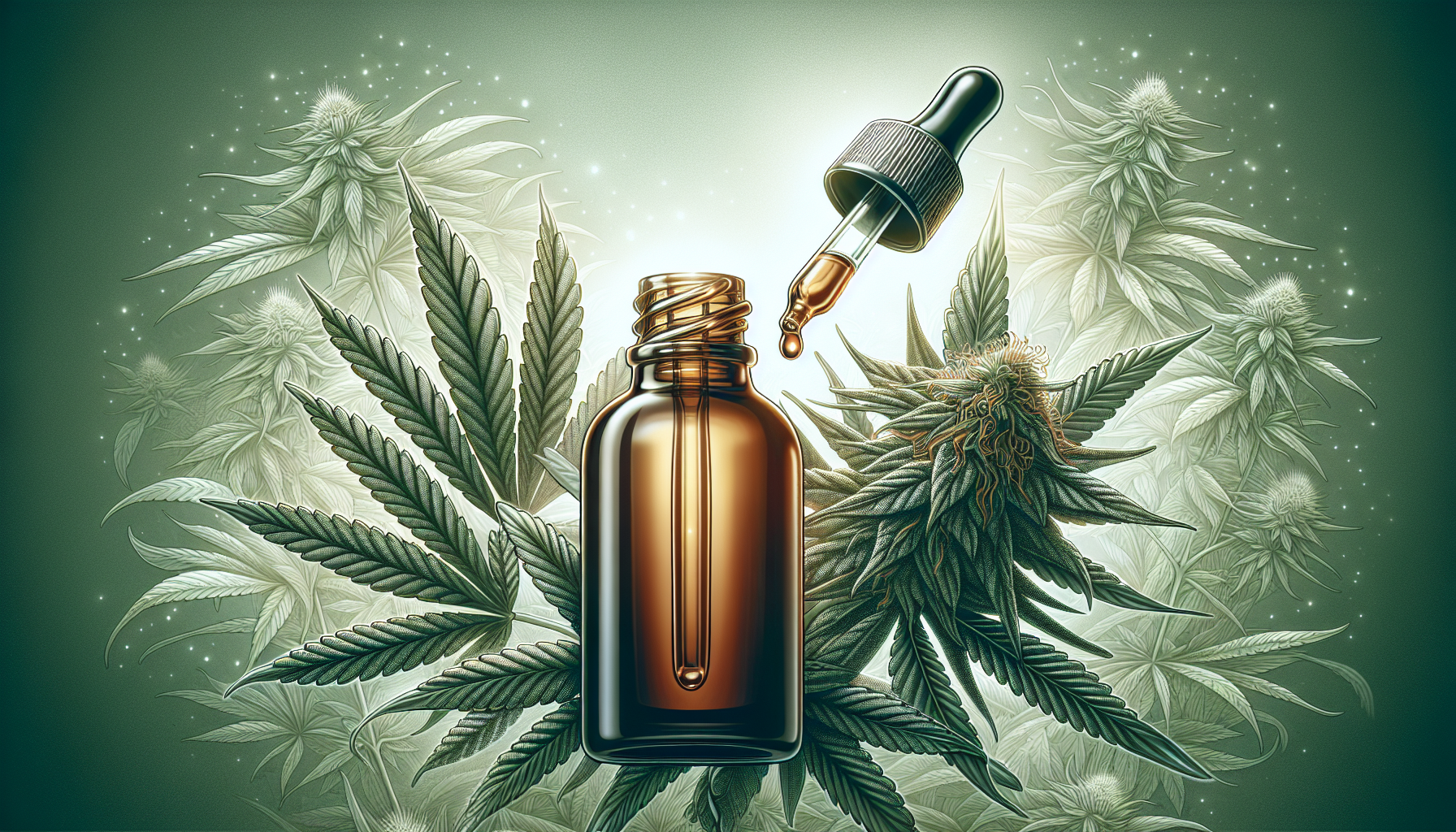Flasche mit Hanftropfen und Cannabisblüten
