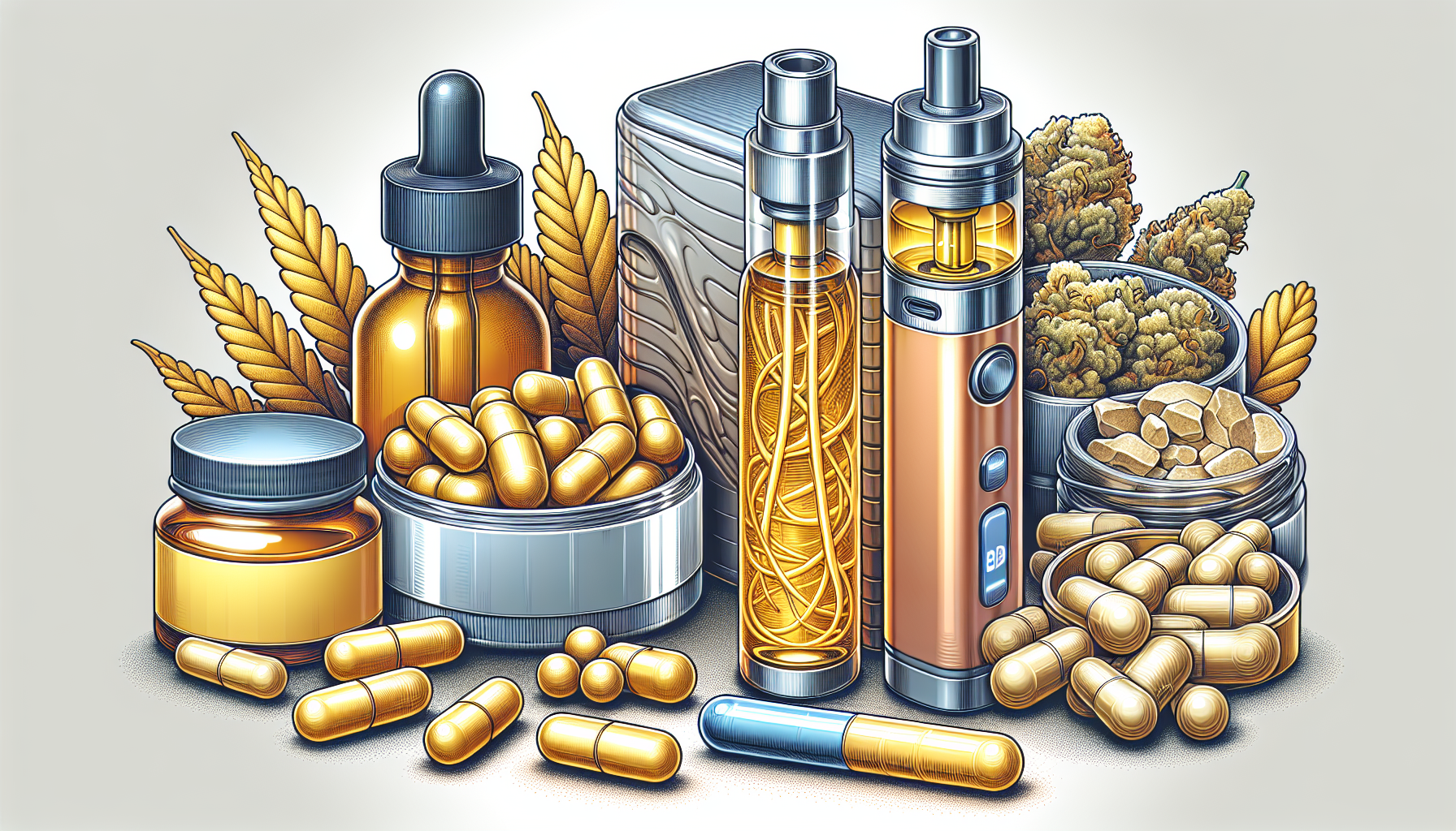 Eine Illustration von verschiedenen Formen von CBD-Produkten für die Anwendung bei Rheuma