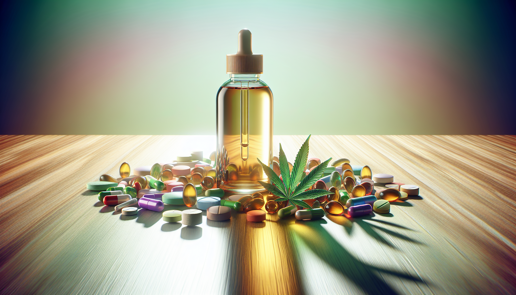 Flasche mit CBD Öl und verschiedenen Pillen auf dem Tisch