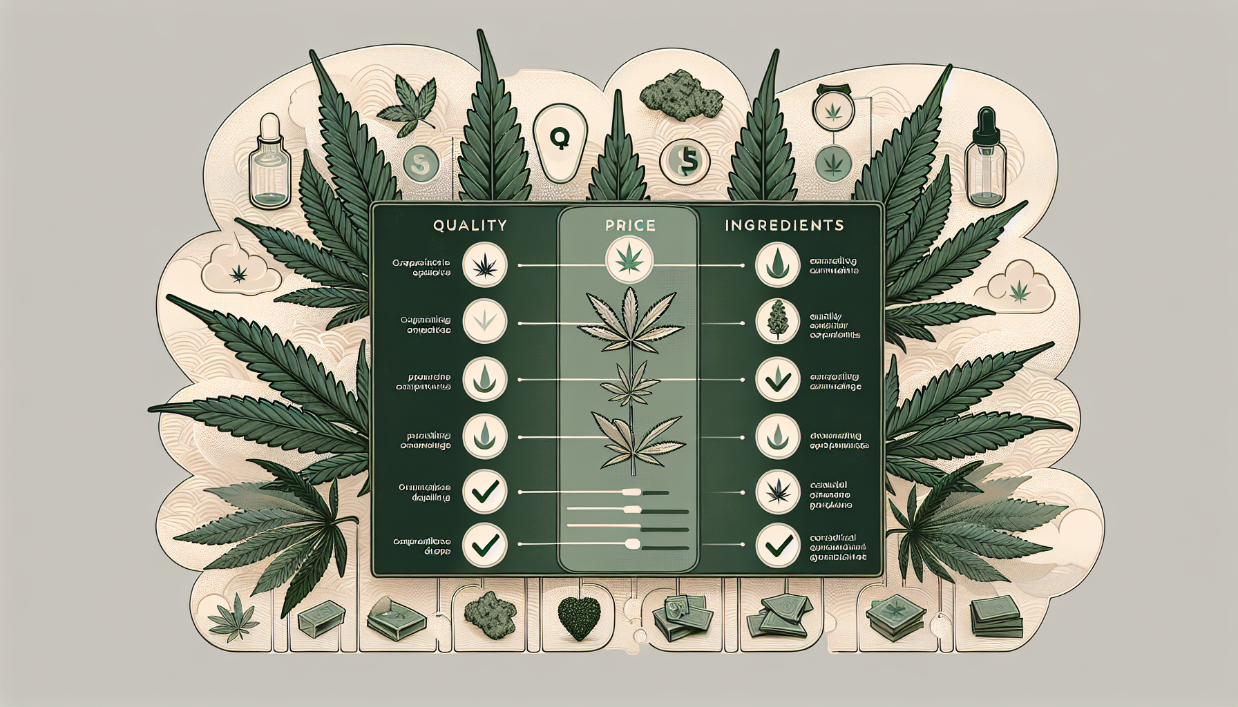 Eine grafische Darstellung von Faktoren, die beim Kauf von Cannabis Tropfen zu beachten sind.