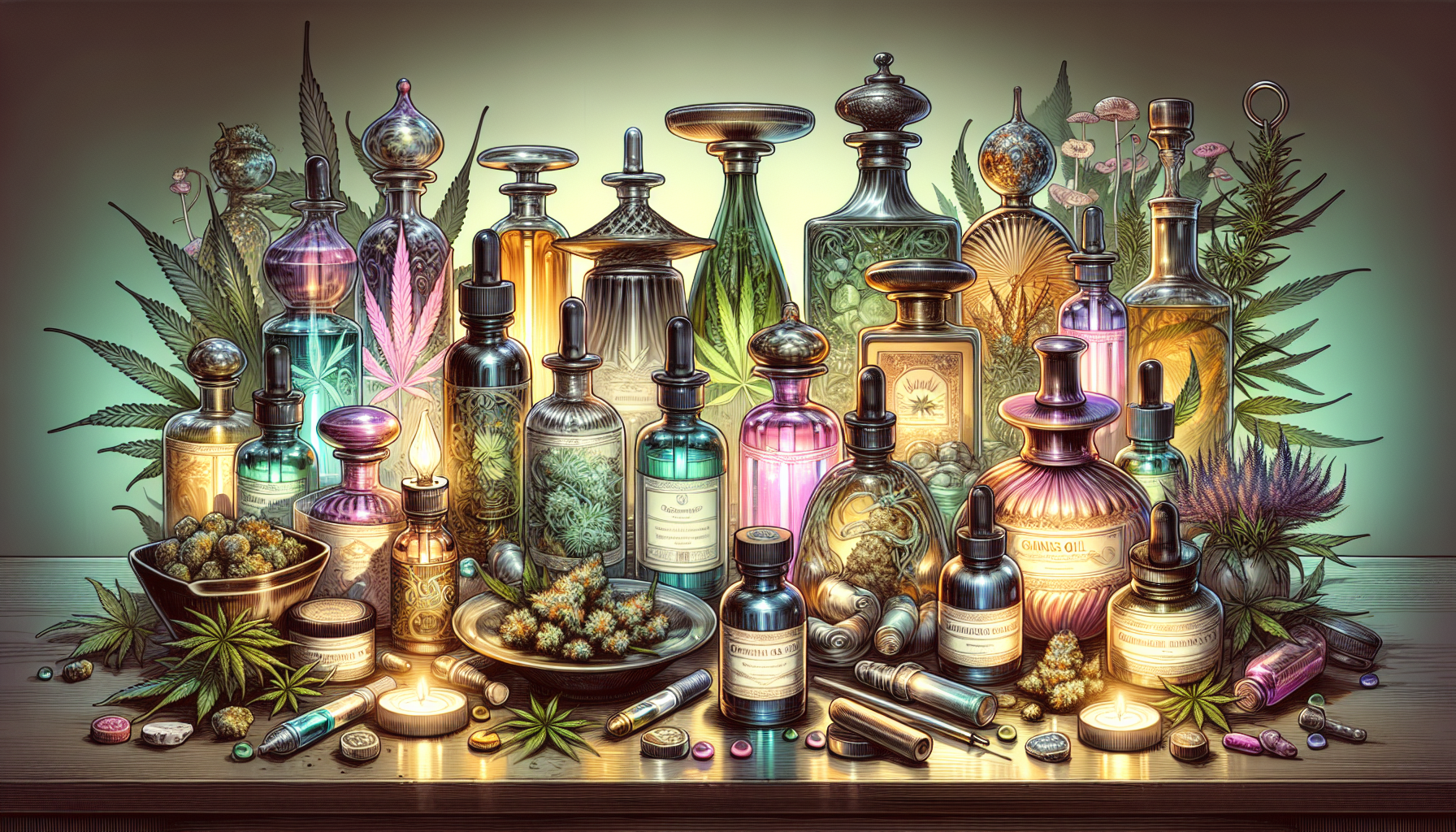 Eine Illustration von verschiedenen Cannabis Tropfen Produkten, die für den Vergleich ausgewählt wurden.