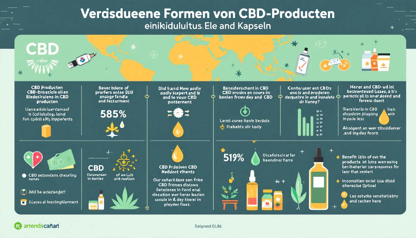 Verschiedene Formen von CBD-Produkten, einschließlich Öle und Kapseln.