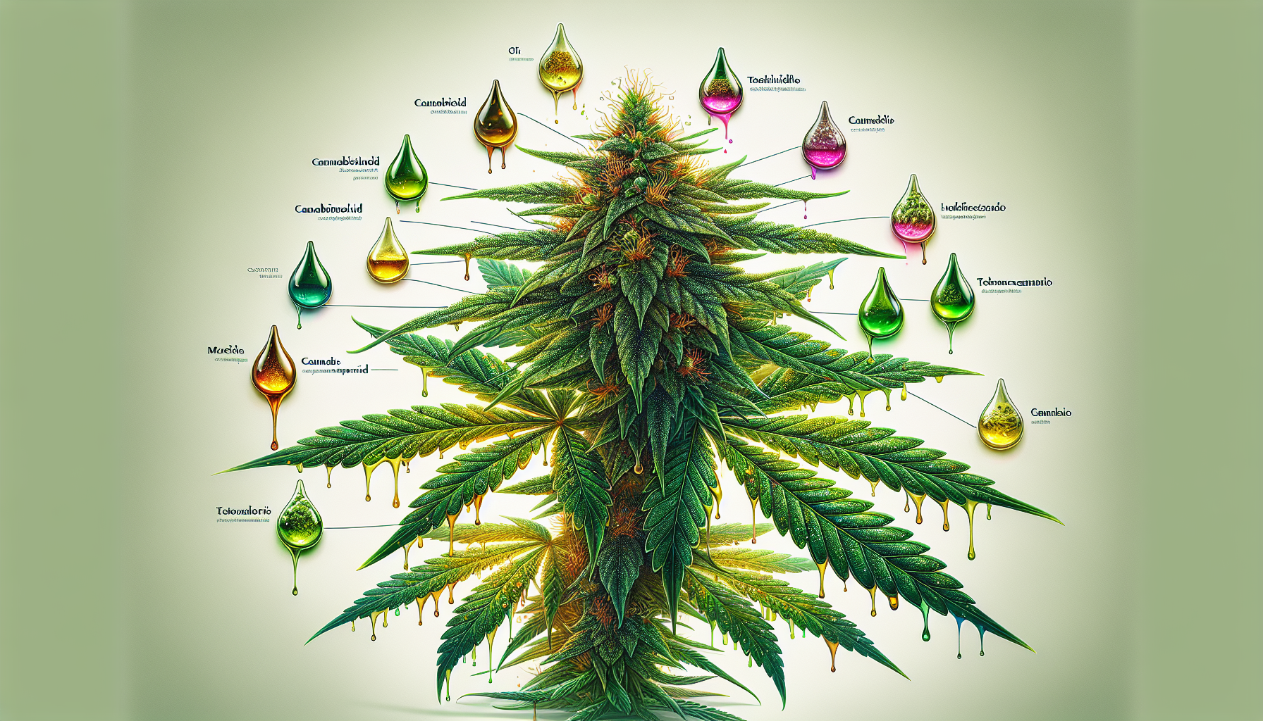 Eine schematische Darstellung von Cannabis Tropfen und deren Bestandteilen, einschließlich Cannabidiol.