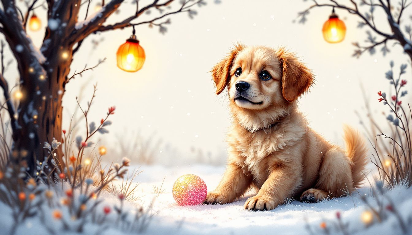 Ein Hund, der mit einem Spielzeug spielt während der Silvesternacht.